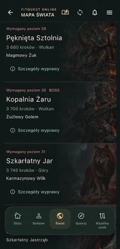Lista wypraw: Magmowy Żuk, Żużlowy Golem, Karmazynowy Wilk